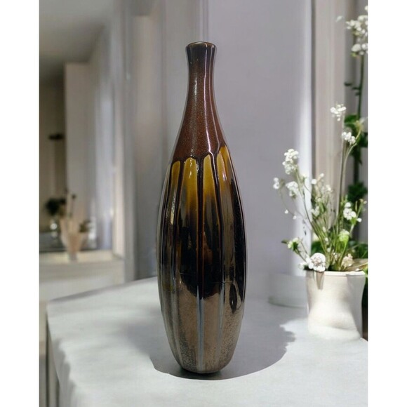 Lacquer Gold Brown Shimmer Drip Foiled Ceramic Vase TableTop Home Decor Art Deco - Picture 1 of 12